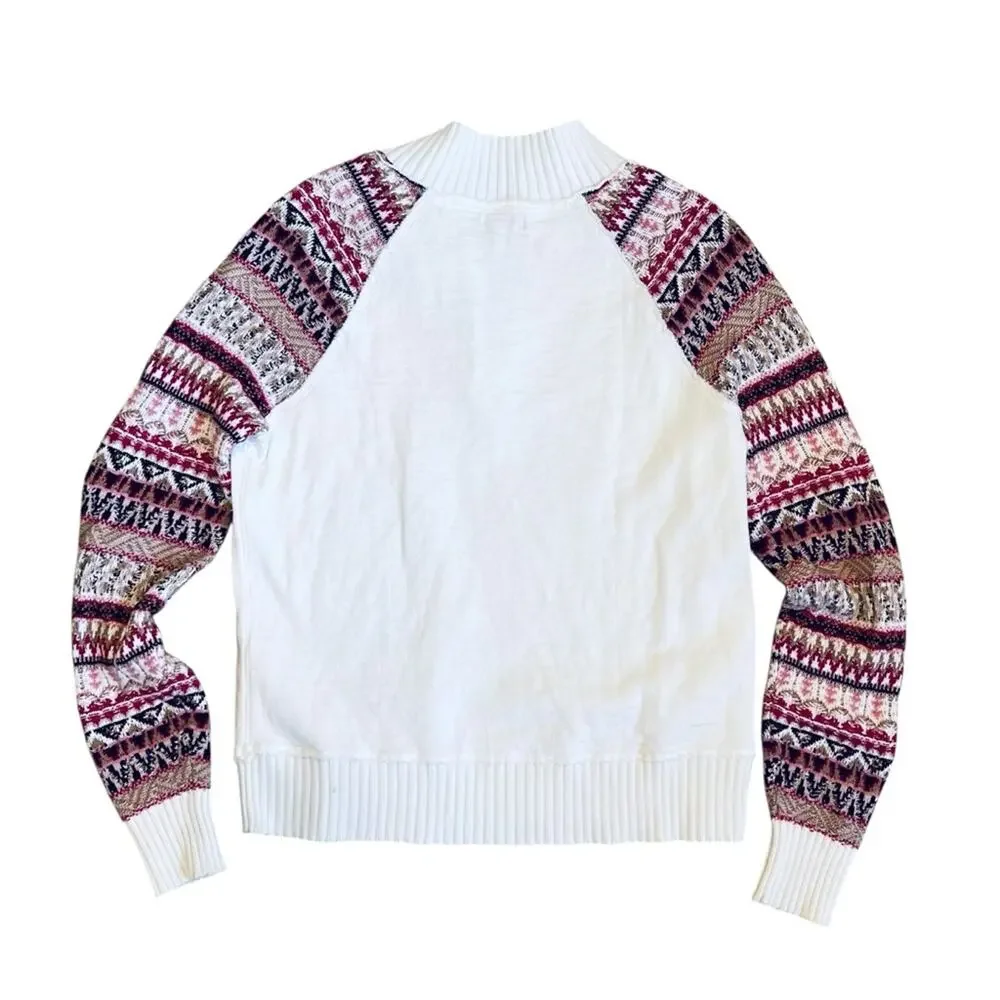 Sundance Women’s Sz S White Quarter Zip Sweater Fair Isle Sleeve Knit Cotton